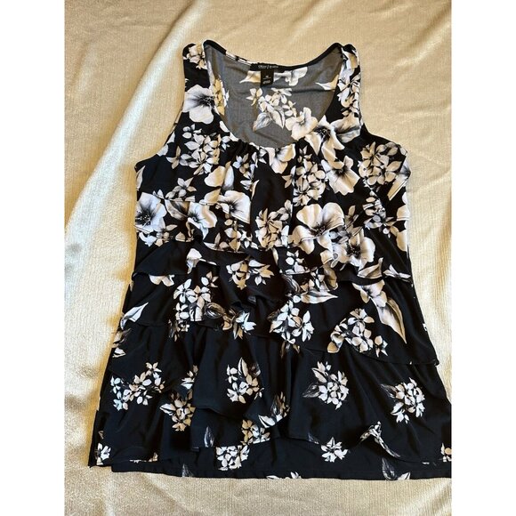 WHBM Women's Black & White Floral Print Ruffles Sleeveless Blouse Top Sz‎ Medium - Picture 3 of 8